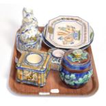 Assorted 19th century French faience wares, together with two tin glazed inkwells, a majolica