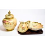 Royal Worcester blush ivory pot pourri urn and cover (af) a similar leaf shaped bowl and a jug