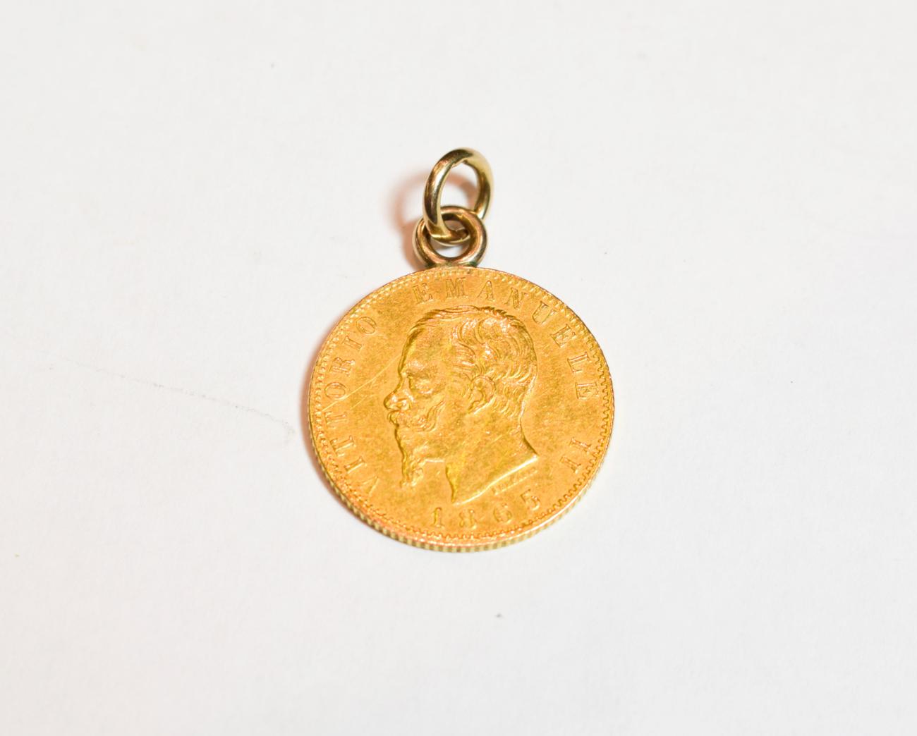 A Regno D'Italia L.20 gold coin pendant . Gross weight 6.9 grams.