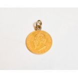 A Regno D'Italia L.20 gold coin pendant . Gross weight 6.9 grams.