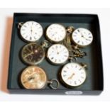 Five silver cased pocket watches, plated pocket watch and a military pocket watch, case back stamped