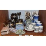 A collection of silver plate and ceramics including: Wedgewood boxes and covers; a part coffee