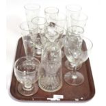 19th century and later glass including tall sundae glasses; wines; and a decanter etc