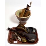 Two cased scales, wool winder, stoneware mould etc