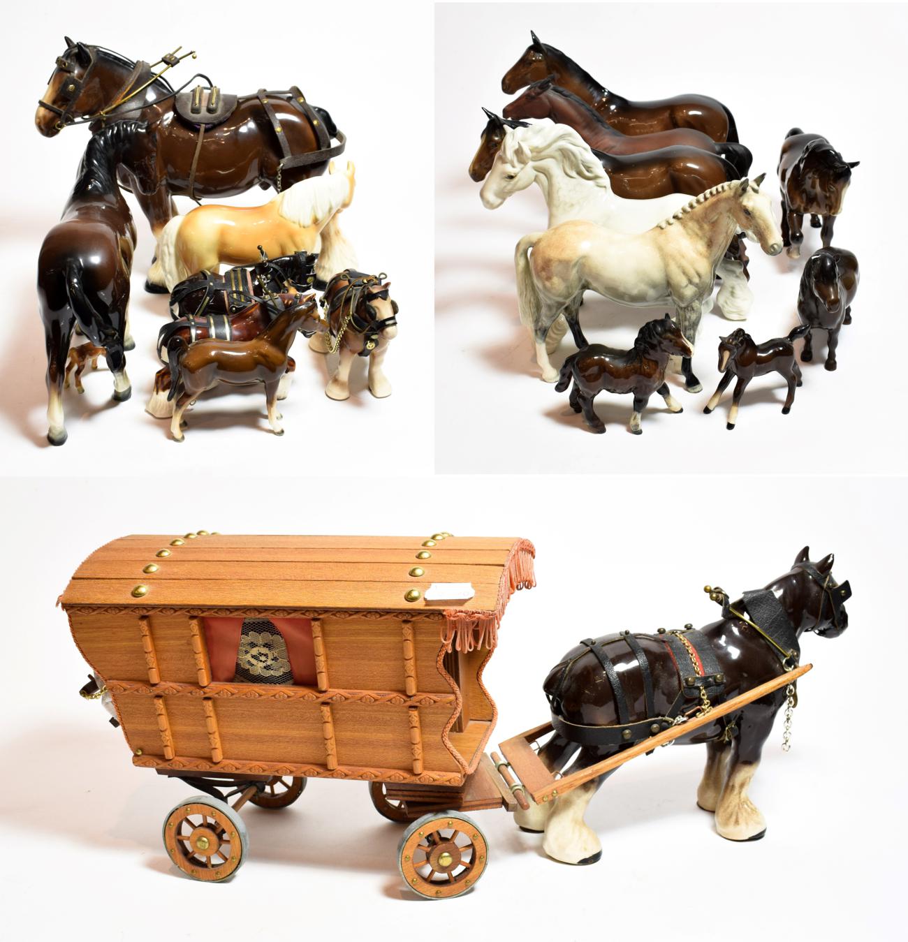 Beswick horses including: Hunter, H260; Canting Shire, 975; and Bois Roussel Racehorse, 701;