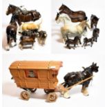 Beswick horses including: Hunter, H260; Canting Shire, 975; and Bois Roussel Racehorse, 701;