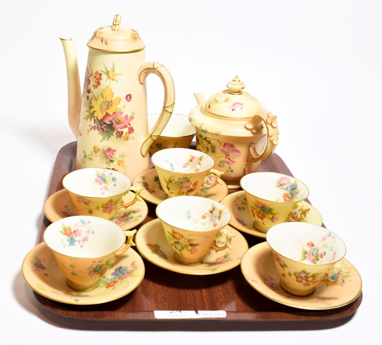 Royal Worcester blush ivory tea and coffee wares, including; coffee pot, tea pot, sugar bowl and six