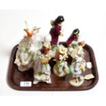 Six 19th century Sitzendorf porcelain figures together with a Russian Lomonosov figure of The Prince