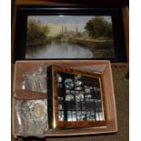 Daum glass vase, ladies wood hand held mirror, G Crosby, country scene picture, and eleven crystal
