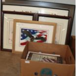 Eight assorted frames posters/pictures, flag and five books