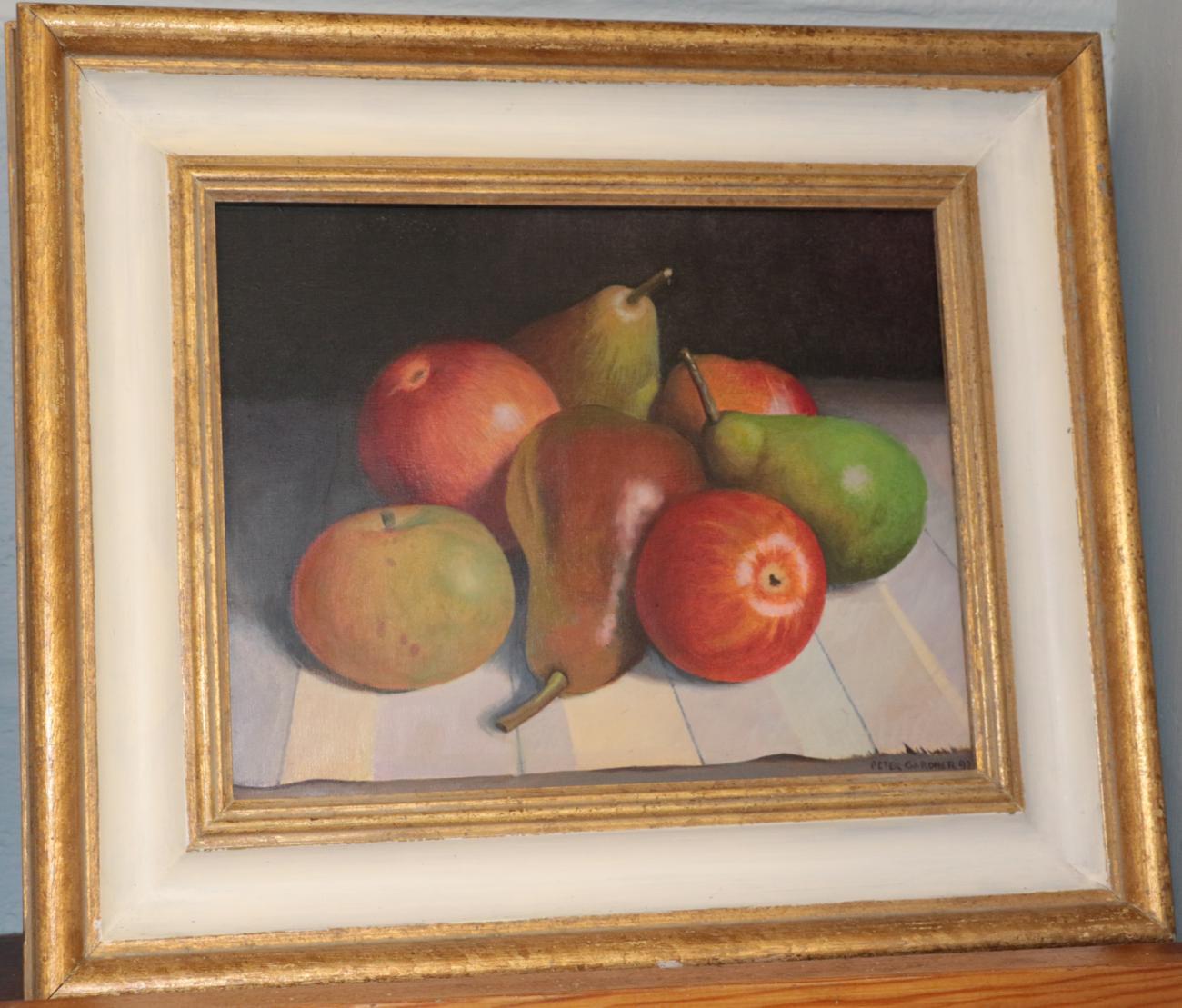 Peter Gardner, Still life of apples & pears, Signed and dated (19)97 oil on board, 18.5cm by 24cm