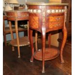 Two French reproduction oval bedside tables, one with pierced glass gallery, gilt metal mounts,