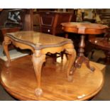 Four pieces of reproduction furniture compromising: A walnut coffee table, an inlaid tripod table, a