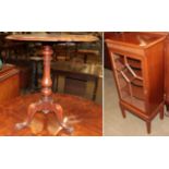 A reproduction glazed music cabinet, together with a late Victorian tilt top table
