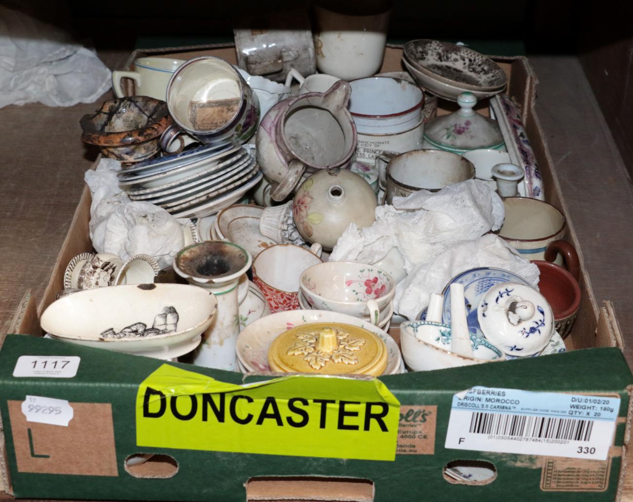 A box of miscellaneous 18th and 19th century pottery and porcelain (a.f.) (qty)