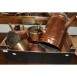 Quantity of brass and copper including twin handled urn, labelled W.George Ironmonger, Ripon