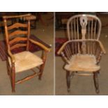 A ladder back rush seated chair and a yew and elm Windsor chair