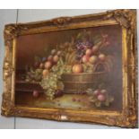 British School, 20th Century, still life of fruits and vine leaves in a basket on a stone ledge, oil