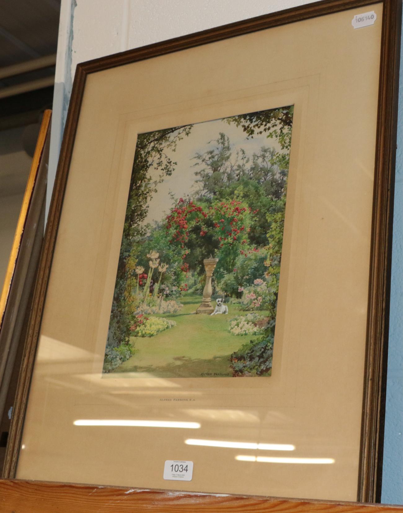 Alfred Parsons RA, Jack Russell resting by a sundial in a flower garden, signed watercolour