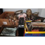 A quantity of miscellaneous items including yoke, oil lamp, metal; wares, pictures, records etc