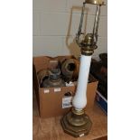 Assorted 18th/19th century lamps and lighting including opaque glass mounted table lamp, brass