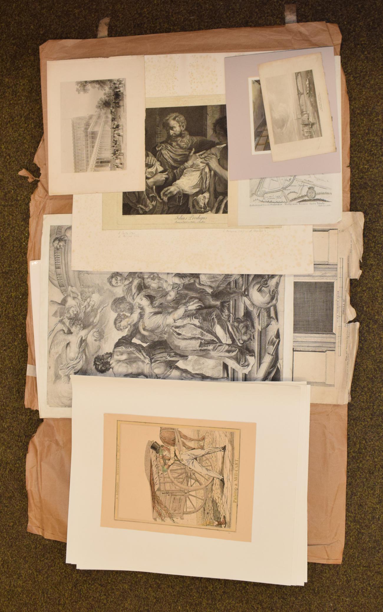 A group of prints, etchings and engravings mostly after Old Master paintings; maps; contemporary