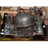 A quantity of 19th century and later pewter including candelabra, meat dome, plates and tankards,