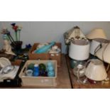 Four boxes of household ceramics and glass together with seven table lamps