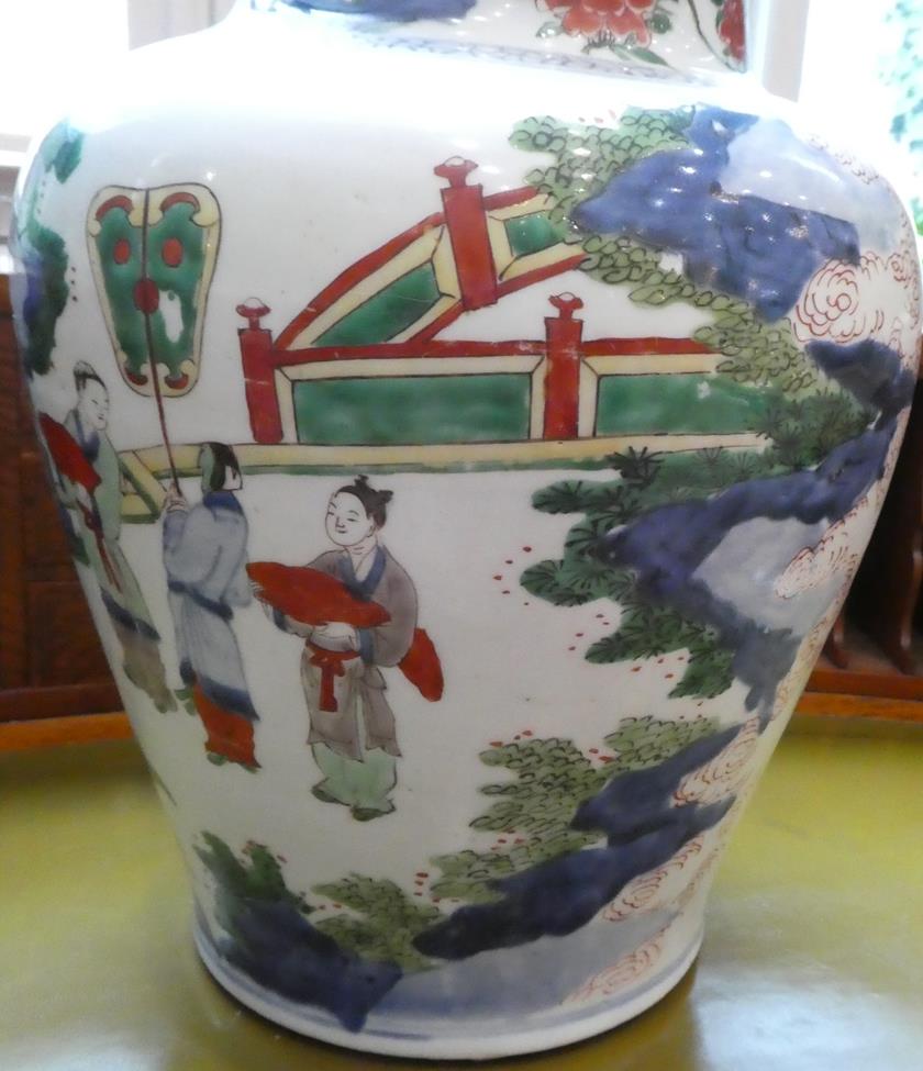 A Chinese Wucai Porcelain Baluster Jar, mid 17th century, painted with dignitaries and attendants in - Image 19 of 27