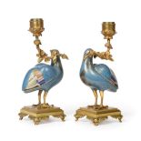 A Pair of Gilt Bronze Mounted Chinese Cloisonné Enamel Figures of Quails mounted as Candelabra,