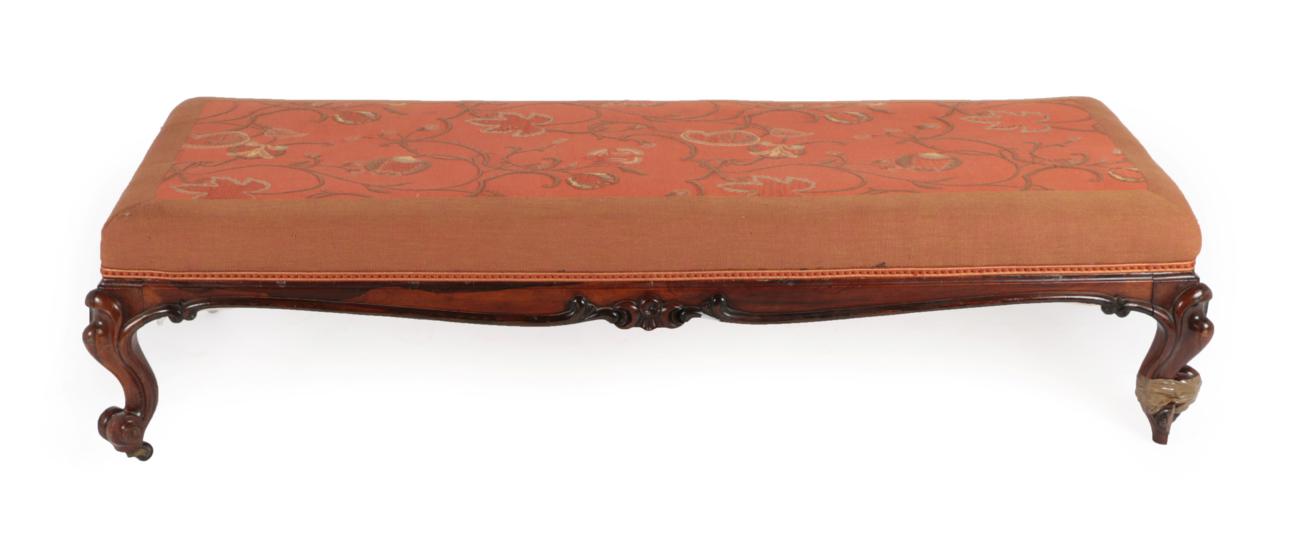 A Victorian Rosewood Frame Oversized Footstool, mid 19th century, recovered in modern crewelwork