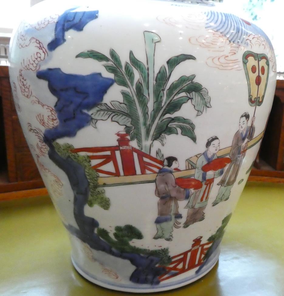 A Chinese Wucai Porcelain Baluster Jar, mid 17th century, painted with dignitaries and attendants in - Image 21 of 27