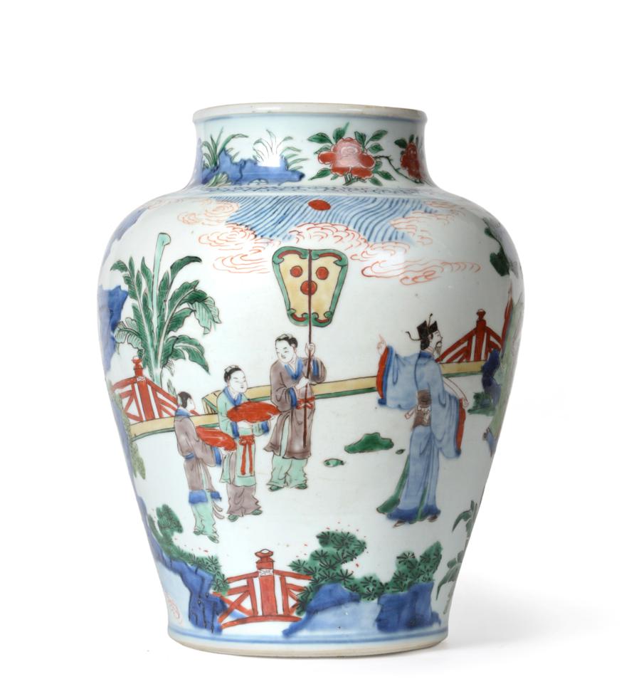 A Chinese Wucai Porcelain Baluster Jar, mid 17th century, painted with dignitaries and attendants in