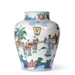 A Chinese Wucai Porcelain Baluster Jar, mid 17th century, painted with dignitaries and attendants in