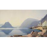 William Heaton Cooper RI (1903-1995) ''Sunrise in May, Crummock Water'' Signed, watercolour, 37cm by