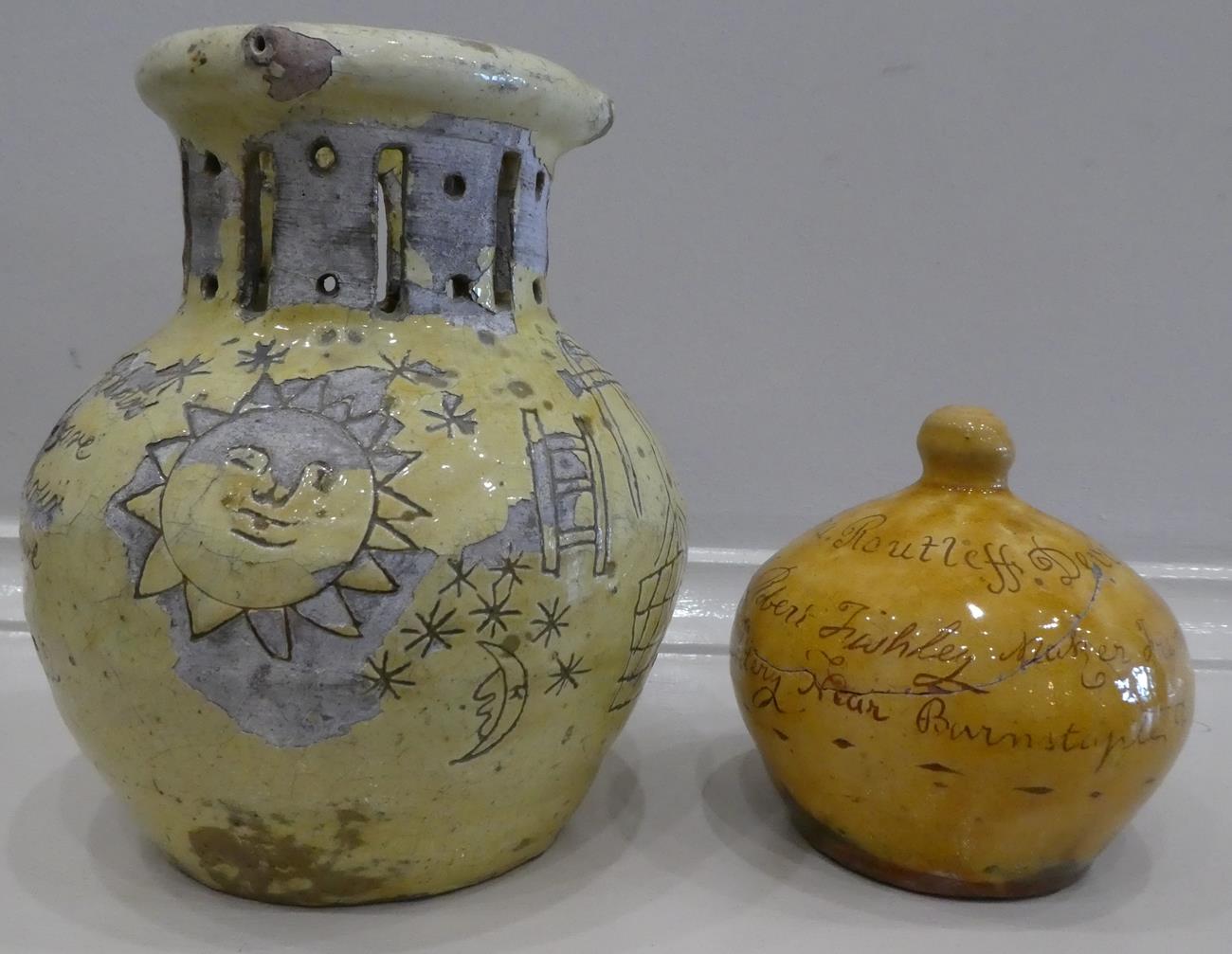 A Barnstaple Slipware Puzzle Jug, dated 1822, of traditional baluster form with pierced neck and - Image 4 of 9