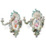 A Pair of Meissen Porcelain Three-Branch Wall Sconces, circa 1900, of flower moulded and encrusted