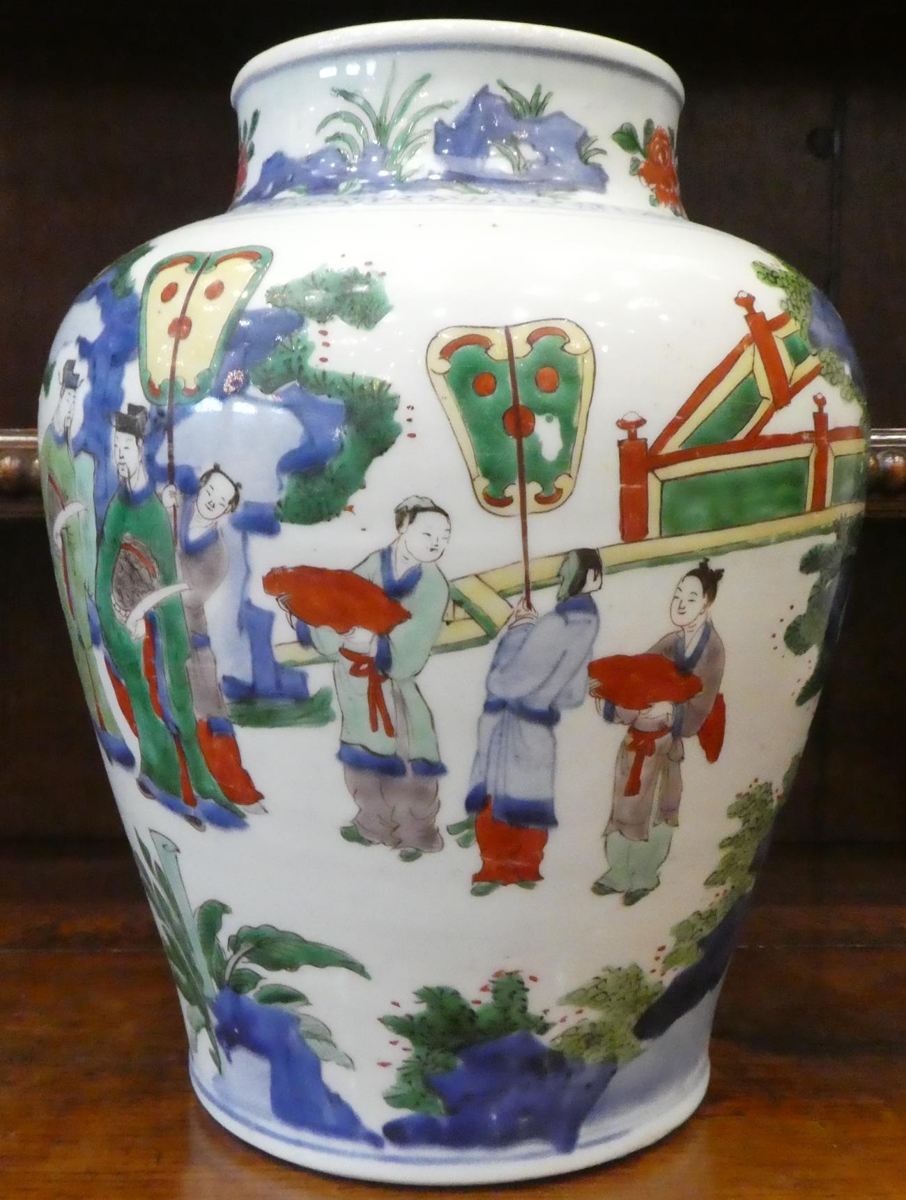 A Chinese Wucai Porcelain Baluster Jar, mid 17th century, painted with dignitaries and attendants in - Image 4 of 27