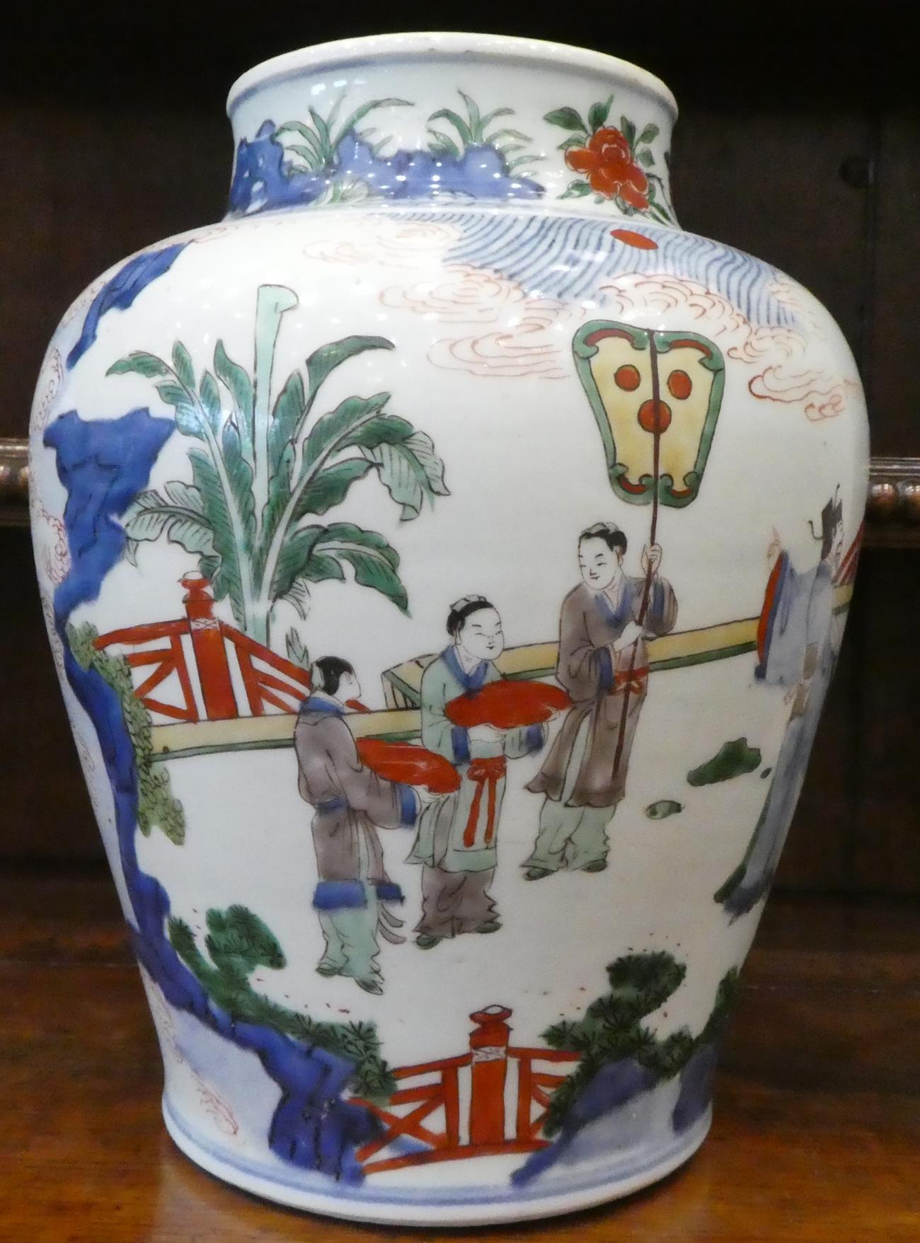 A Chinese Wucai Porcelain Baluster Jar, mid 17th century, painted with dignitaries and attendants in - Image 6 of 27