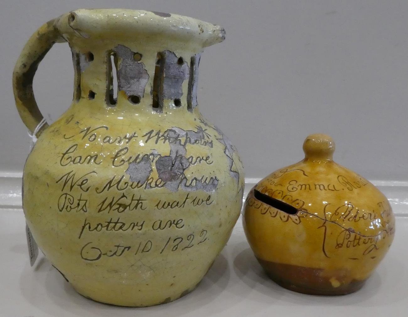 A Barnstaple Slipware Puzzle Jug, dated 1822, of traditional baluster form with pierced neck and - Image 5 of 9