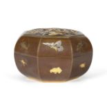 A Japanese Inlaid Bronze Box and Cover, Meiji period, of cushioned octagonal form, decorated with