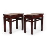 A Pair of 19th Century Chinese Hardwood Corner-Legged Stools, supported on square section legs