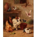 Edgar Hunt (1876-1953) Cockerel, hens and pigeons outside a cottage Signed, and dated 1903, oil on