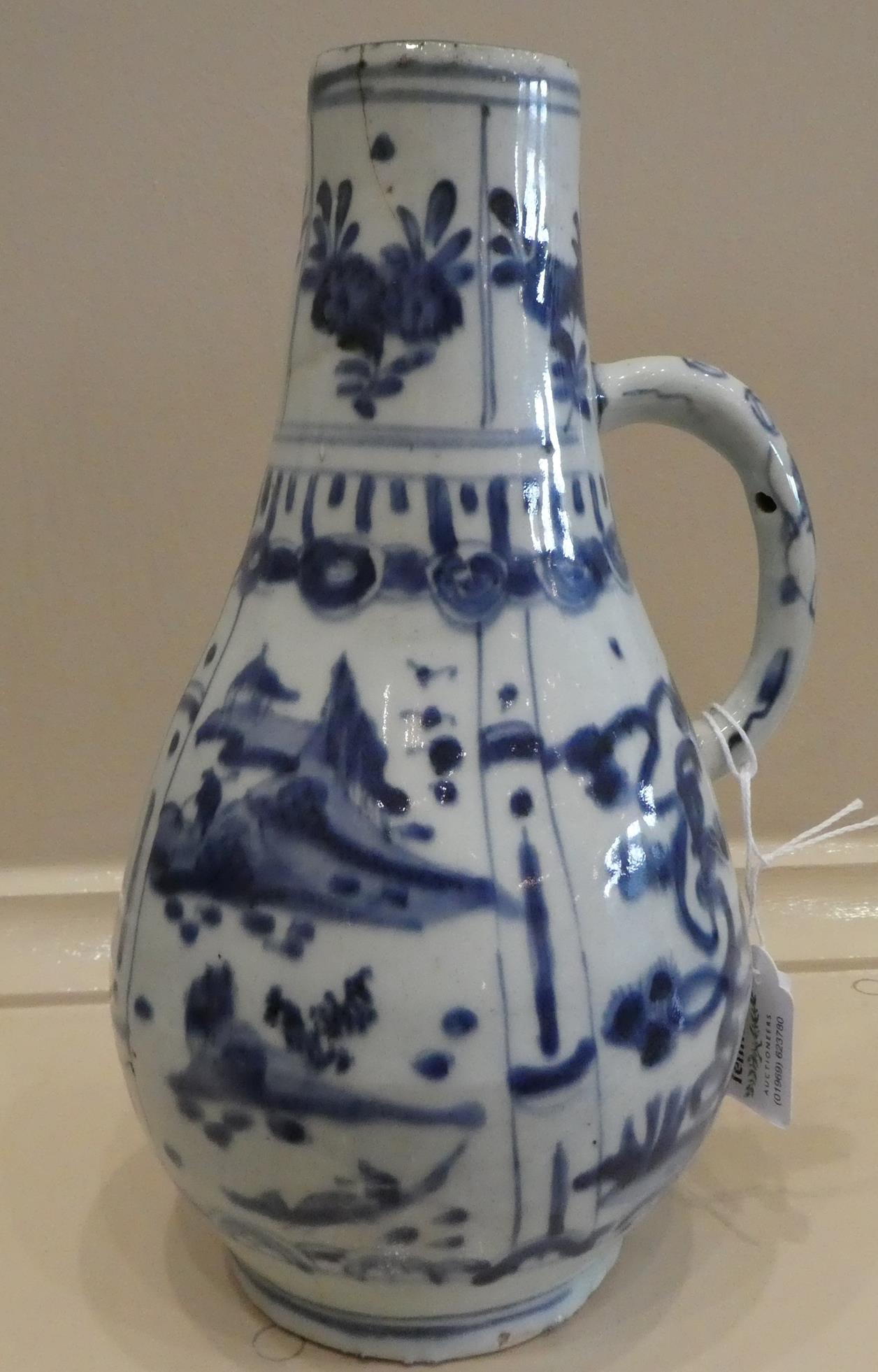 A Kraak Porcelain Ewer, early 17th century, of pear shape with loop handle, typically painted in - Image 3 of 9