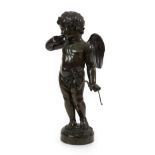 French School (late 19th century): A Bronze Figure of Cupid, standing holding his bow, on a circular