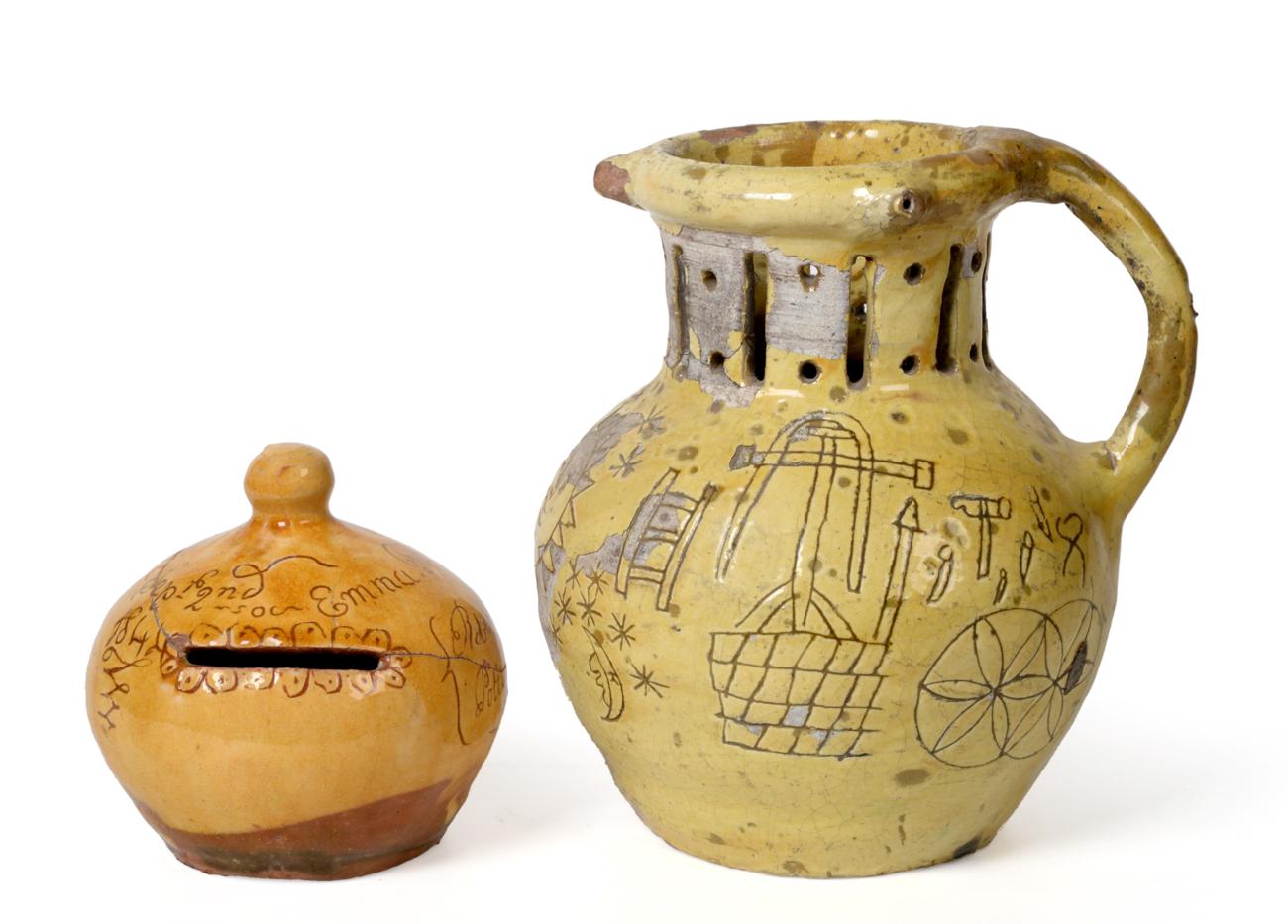 A Barnstaple Slipware Puzzle Jug, dated 1822, of traditional baluster form with pierced neck and