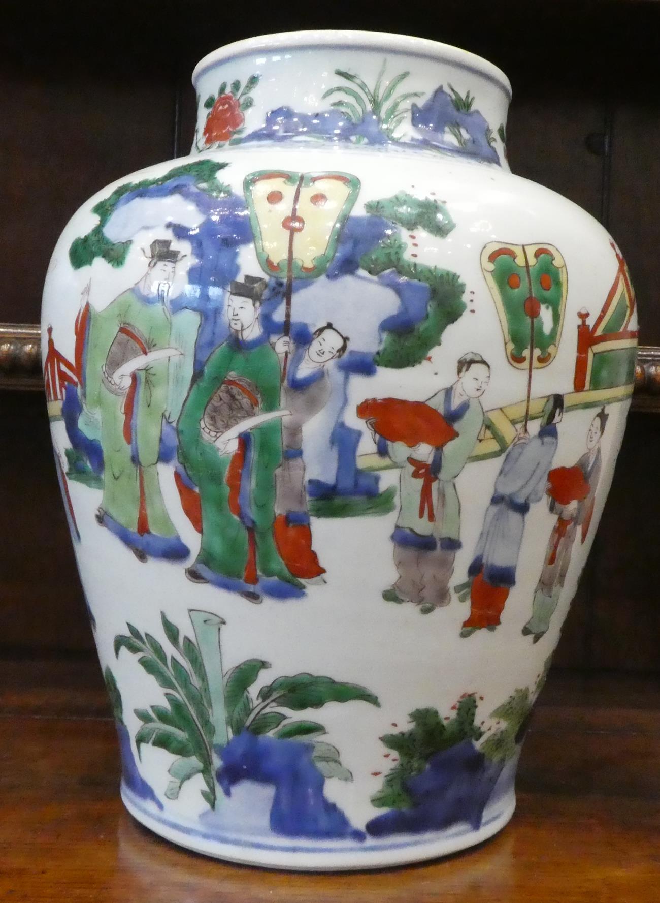 A Chinese Wucai Porcelain Baluster Jar, mid 17th century, painted with dignitaries and attendants in - Image 8 of 27
