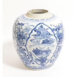 A Chinese Porcelain Ovoid Jar, Kangxi, painted in underglaze blue with fan shaped panels of