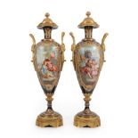 A Pair of Gilt Metal Mounted Sèvres Style Porcelain Vases and Covers, circa 1900, of baluster form