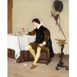 Florent Willems (1823-1905) Belgian A seated gentleman in yellow britches reflecting with a glass of